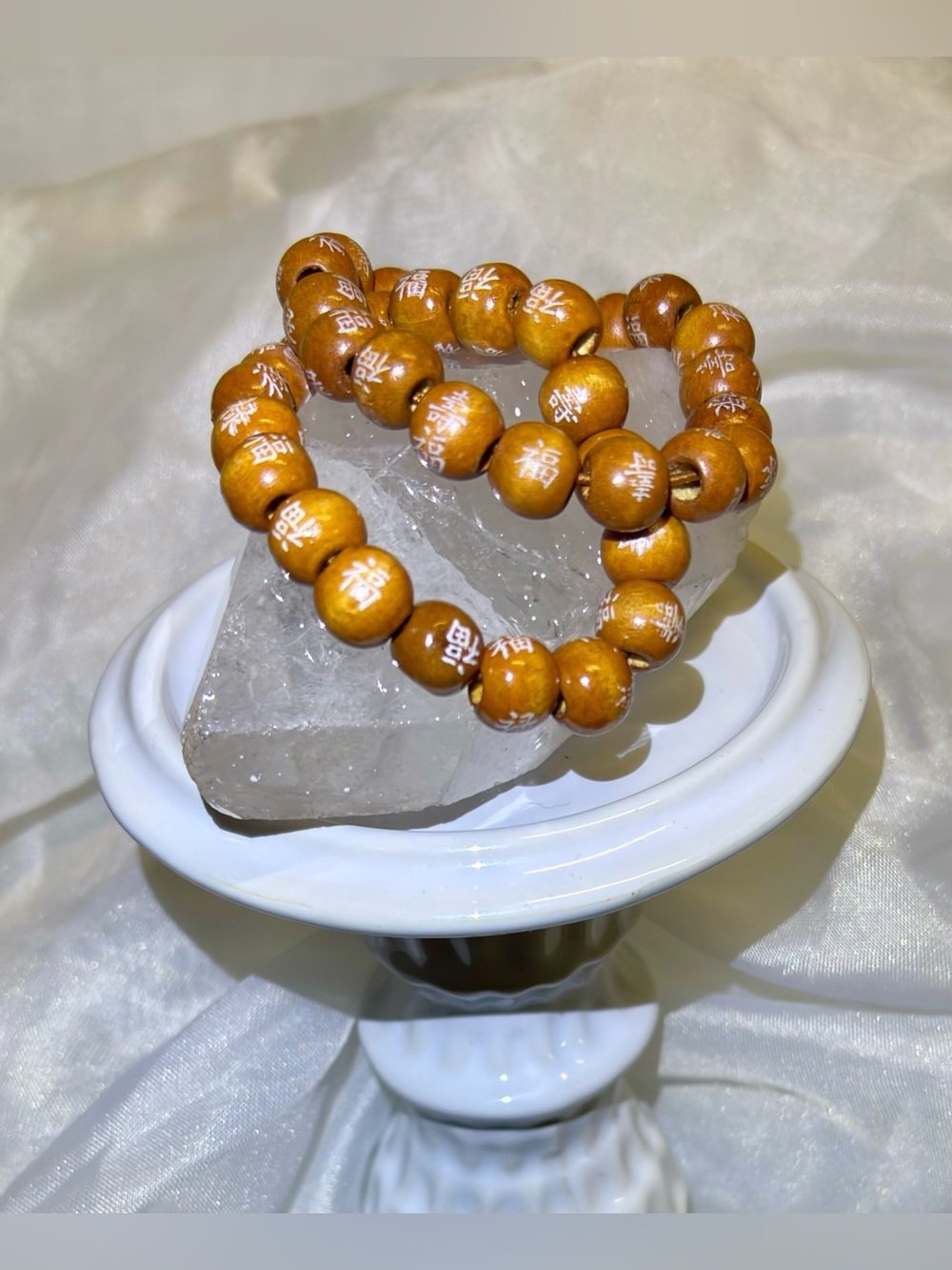 VTG Organic Kuka Wood Micro Prayer, Blessing Bracelet Set, Engraved-Fu, Lu, Shou